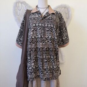 Indie Grunge Funky Earthy Short Sleeve Button Up Dad Brown Tan‎ Retro Polo Boho